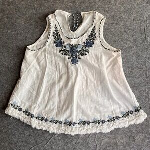 MAX STUDIO Top Women's S White‎ Blue Floral Embroidery Tassels Tank Boho Cotton